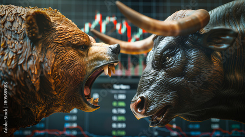 Two bears and a bull are fighting in front of a stock market graph.
