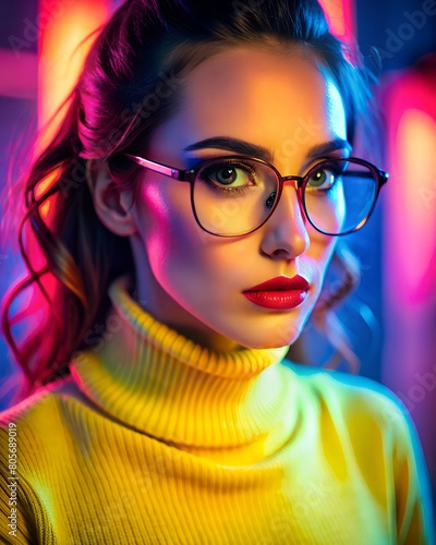 A stylized woman with colorful neon lighting poses, displaying a modern, artistic vibe and urban fashion