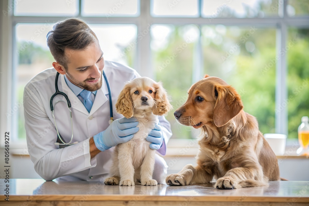 A veterinarian with a clipboard examining two dogs in a brightly lit veterinary clinic