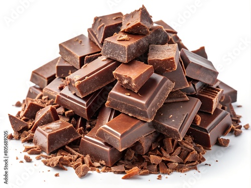 This mouthwatering image captures a heap of dark chocolate chunks with details that highlight the texture and quality