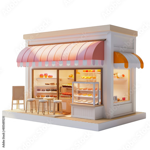 A small bakery shop with a pink and yellow awning