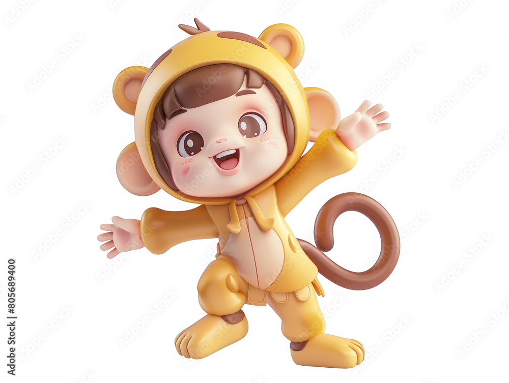 Fototapeta premium A cartoon monkey wearing a yellow outfit is smiling and waving