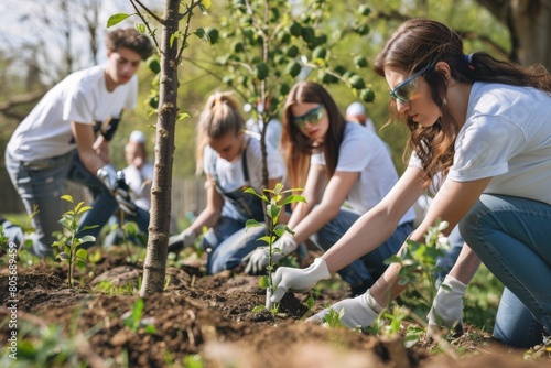 Young people planting trees in a park.