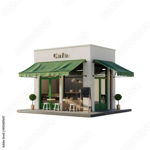 A small cafe with a green awning and a white building