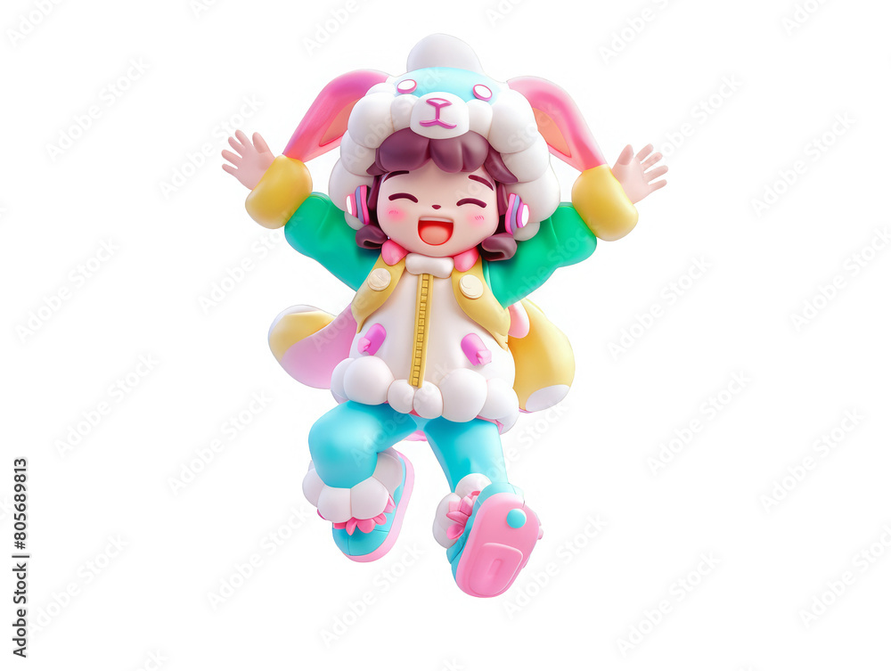 A cartoon character is jumping in the air with a rabbit hat on A cartoon character is jumping in the air with a rabbit hat on