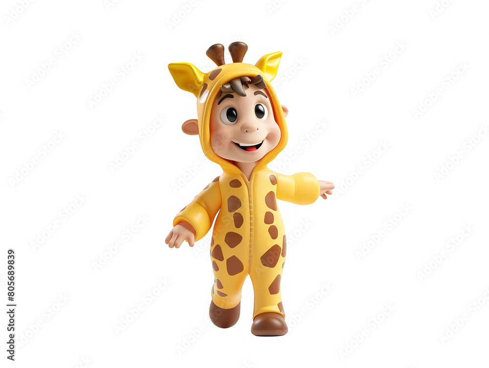 A giraffe in a yellow costume is walking on a white background A giraffe in a yellow costume is walking on a white background