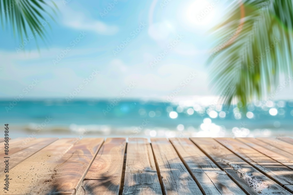 Fototapeta premium Sunny tropical beach landscape with palm trees and a wooden foreground