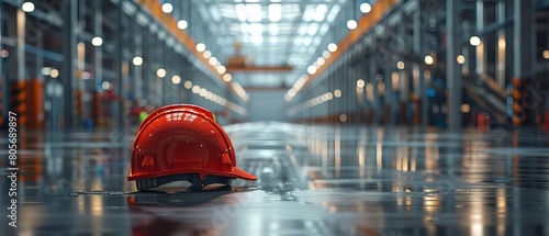 An industrial engineer s reflective helmet in a large, sparse factory, emphasizing safety and scale photo