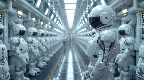 A wide shot of a factory floor, a mechanic inspecting a line of robots, the space expansive and futuristic © Nakarin