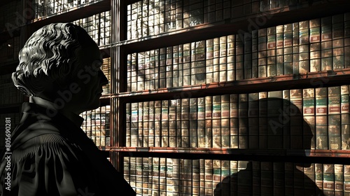 The shadow of a barrister s wig cast on a wall filled with digital legal files, blending tradition with modernity