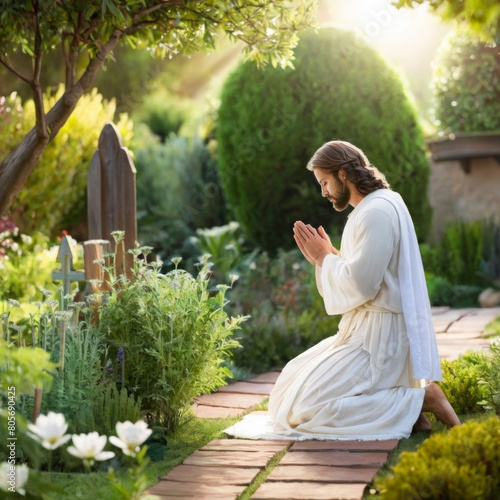 Jesus praying in a garden