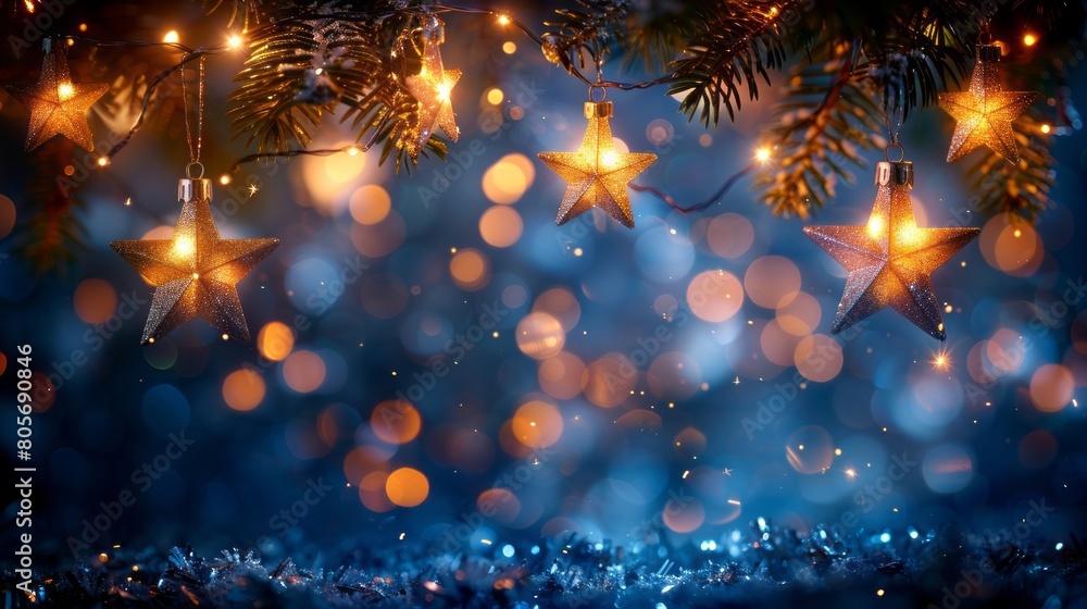 Christmas background with hanging golden stars and blue bokeh lights. Christmas background with hanging golden stars and blue bokeh lights.