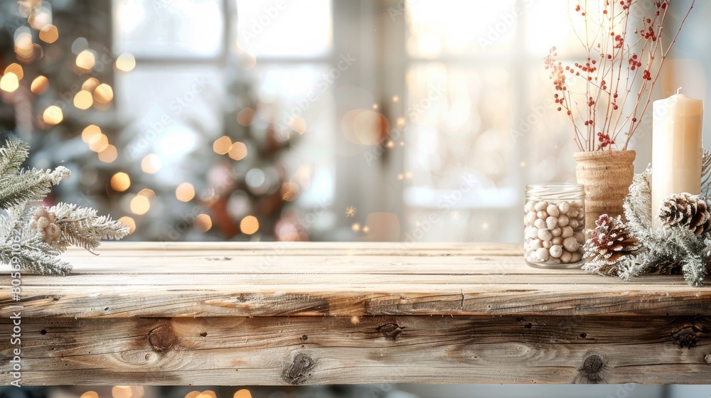 Rustic table with Christmas decoration in front of blurred lights. There is free space for product placement. Rustic table with Christmas decoration in front of blurred lights. There is free space for product placement.