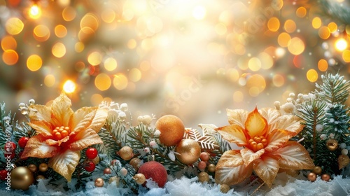 Christmas and New Year background with golden poinsettias, fir branches and Christmas balls.