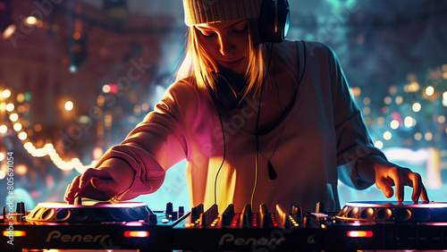 Nightlife Rhythm: Female DJ Spinning at a Night Club