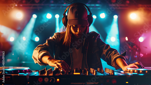 Nightlife Rhythm: Female DJ Spinning at a Night Club