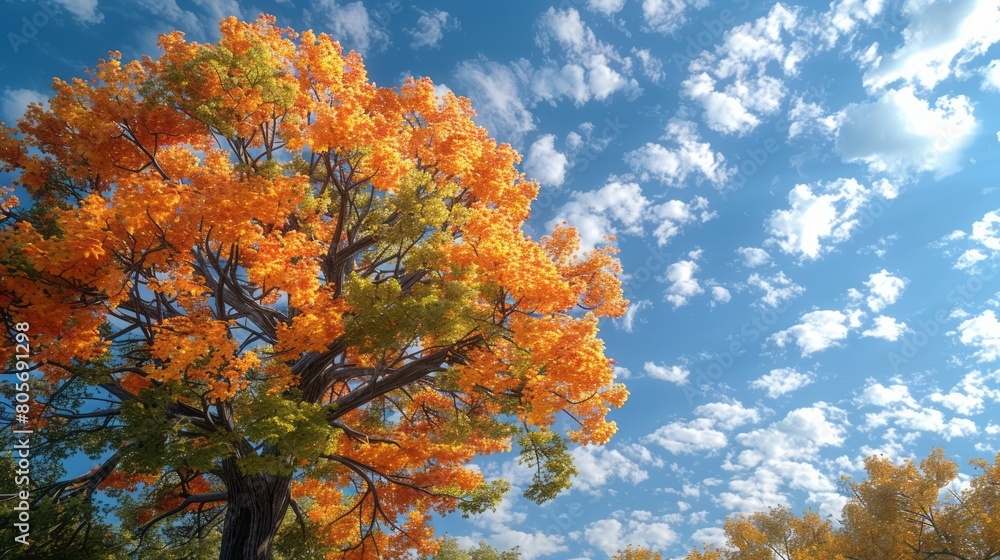 A large tree with orange and green leaves in front of a blue sky with white clouds.