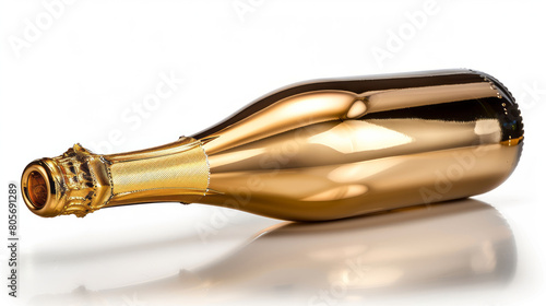 A bottle of gold champagne lying on its side on a white background.