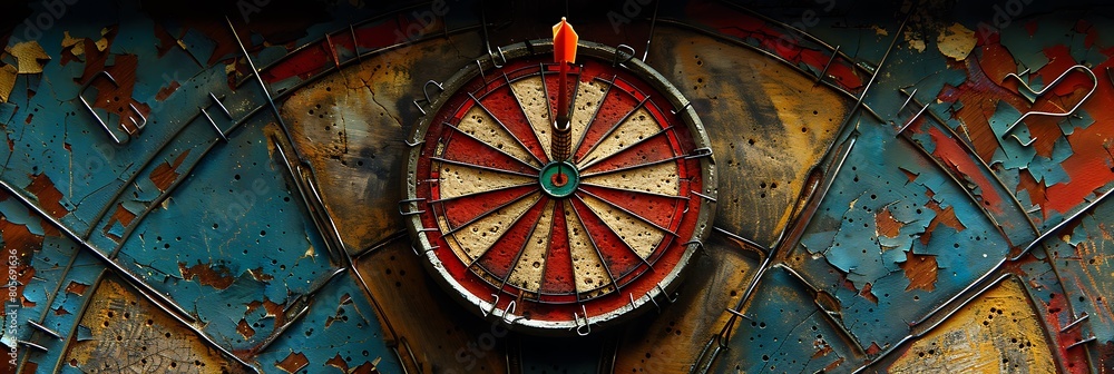 A single dart piercing the exact center of a worn-out dartboard