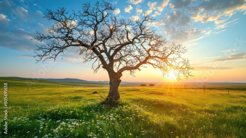 Climate change  Dead tree with air pollution and green grass with beautiful sunlight sky metaphor world nature disaster and global warming concept