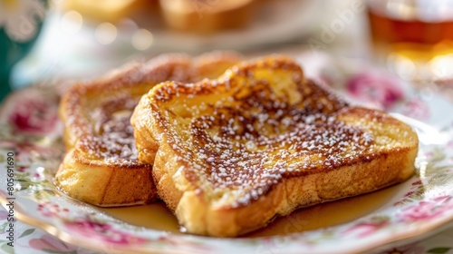 A plate of warm French toast sprinkled with cinnamon sugar and served with a generous helping of maple syrup arranged on a dainty floral plate.