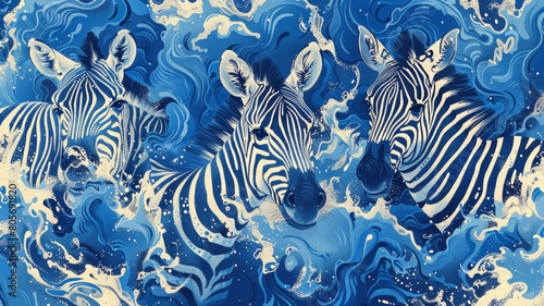 Three zebras are swimming in the ocean