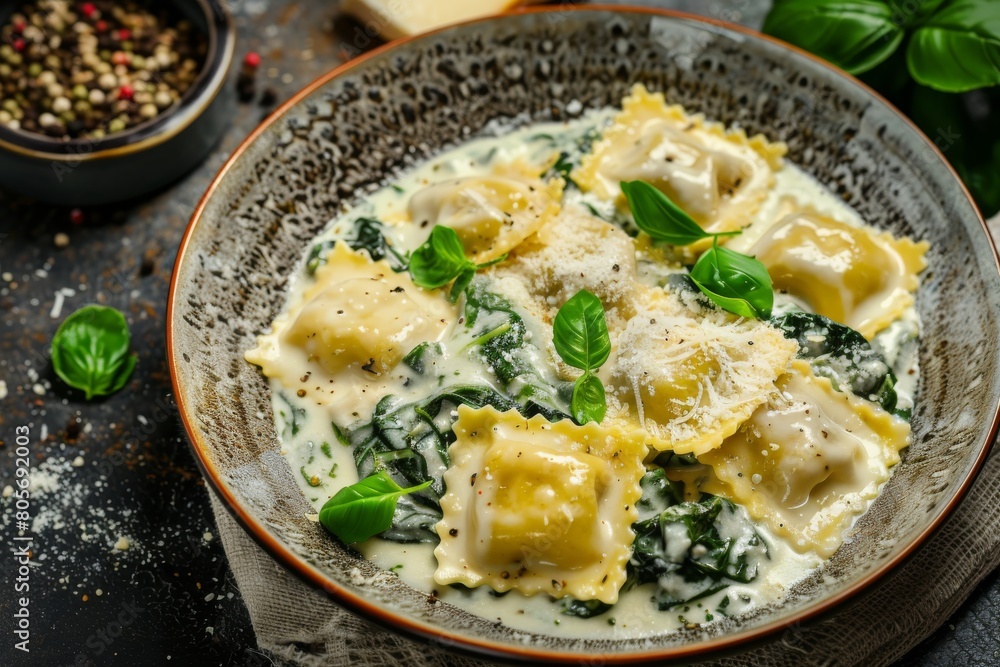 Ravioli with parmesan, basil, and olive oil on a dark background. Ravioli with parmesan, basil, and olive oil on a dark background.