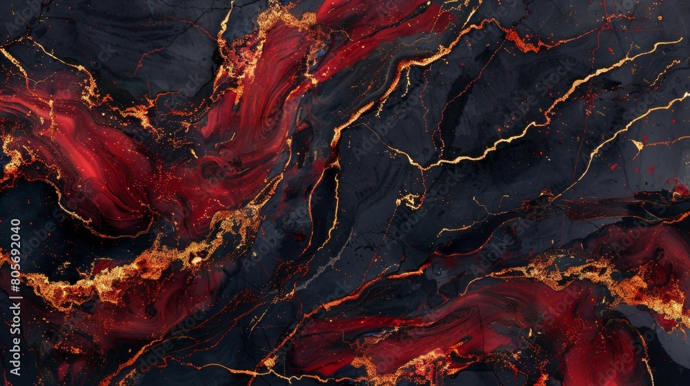 Abstract background in the style of red and black marble with gold ...