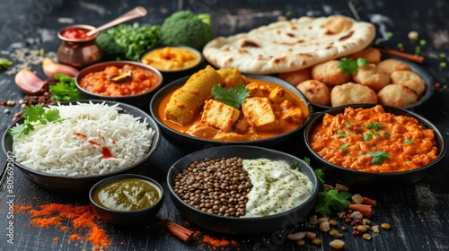 Curry, butter chicken, rice, lentils, paneer, samosa, naan, chutney, spices. Bowls and plates with indian food