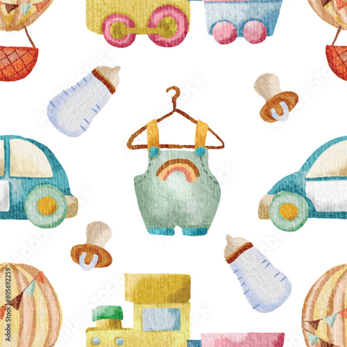 Cute Baby Stuff Watercolor Seamless Pattern
