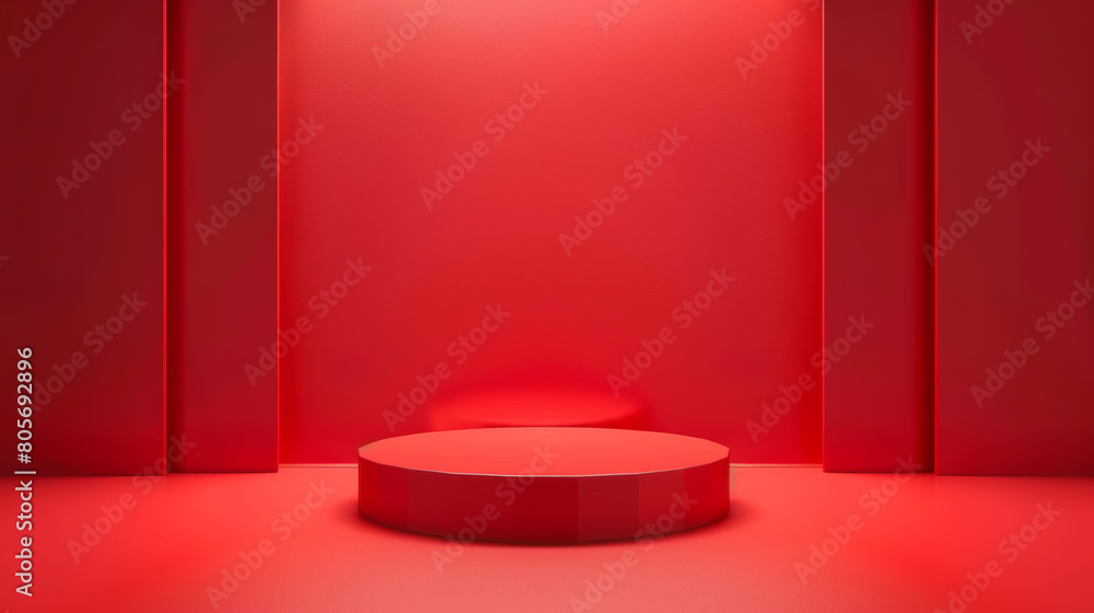 A red room with a red podium in the center A red room with a red podium in the center