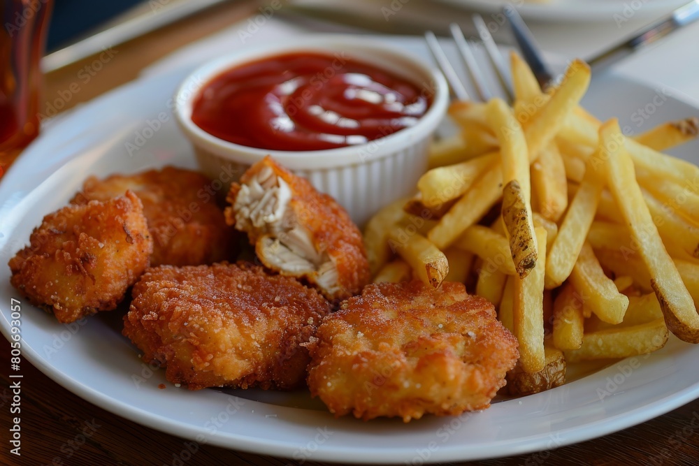 Chicken nuggets and french fries on white plate with ketchup Chicken nuggets and french fries on white plate with ketchup