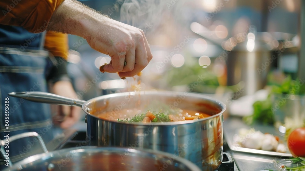 A man confidently adds es to a pot of simmering soup proud of the cooking skills he learned at an interactive class.