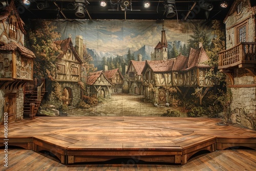 Renaissance Fair Stage, A stage with a wooden platform and a backdrop of a medieval village