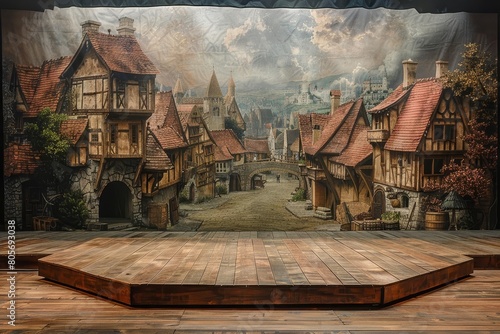 Renaissance Fair Stage, A stage with a wooden platform and a backdrop of a medieval village