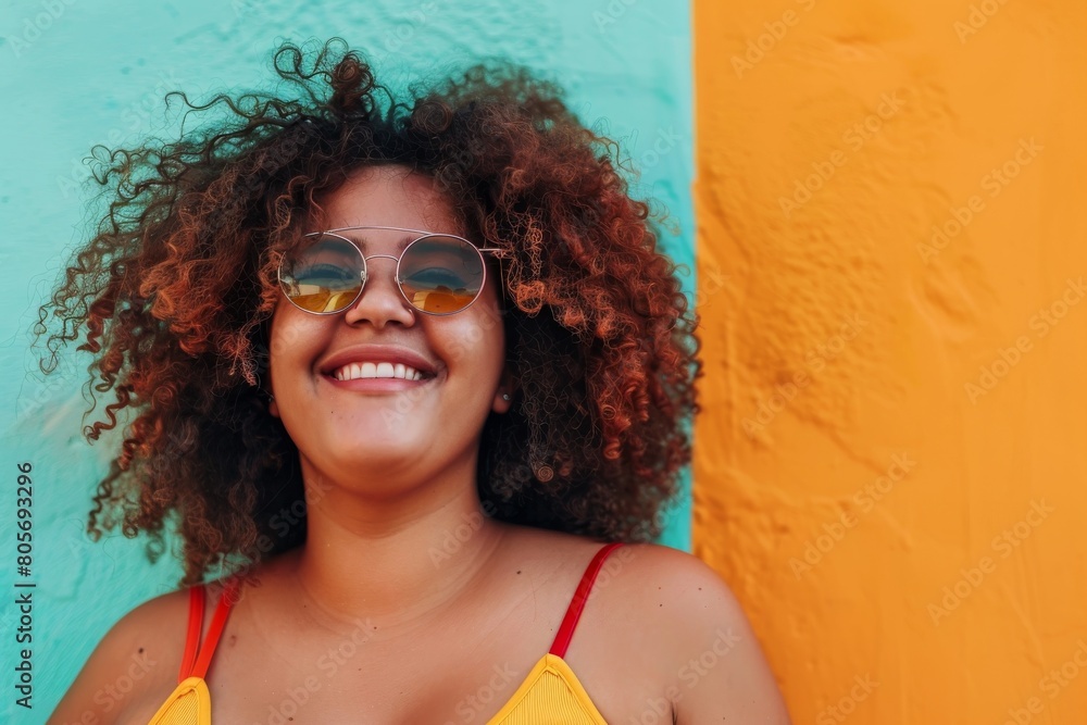 Smiling plus size woman against a colorful wall