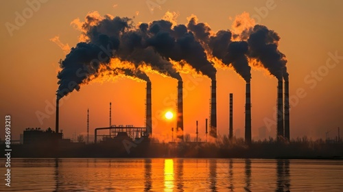 Factory pipe polluting air  smoke from chimneys against sun  environmental problems  ecological theme  industry scene