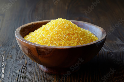 A bowl, filled with yellow sugar, sits on a dark wood table, its rounded shape and exotic look are emphasized by the stipple effect. photo