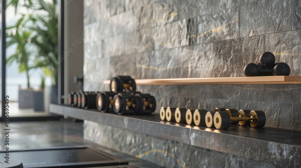 A set of elegant dumbbells neatly lined up on a sleek shelf adding a touch of sophistication to the room.