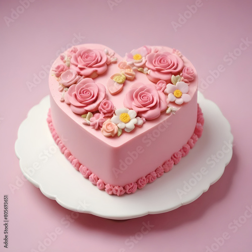 Pink fondant heart shaped cake with flower decorations