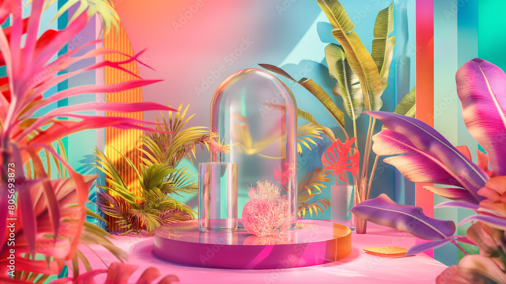 Electric dream forest, fairy garden. Colorful  tropical leaves. vivid summer foliage. Abstract Utopia spring  elements, 3d podium 