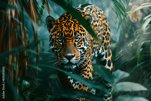 Stealthy Jaguar Moving Through Dense Greenery  Intense Stare Captured in Natural Habitat