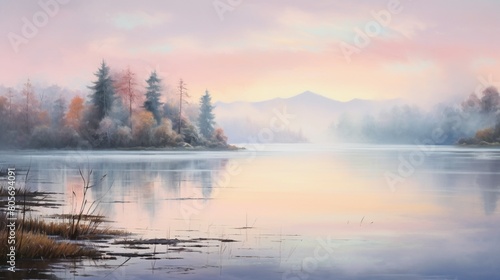 A serene lakeside scene at dawn, with mist rising off the water, reflecting the soft pastel colors of the sky. 