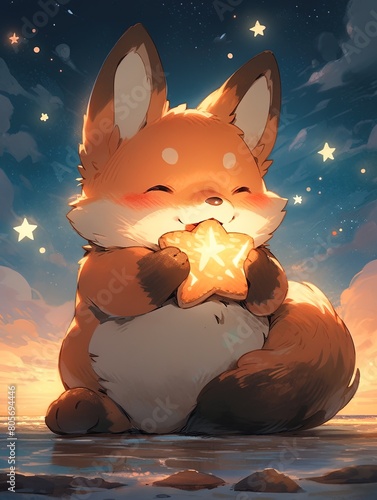 A red cute fox cud on a beach at the dusk, holding a glowing star, cartoon illustration, greeting card