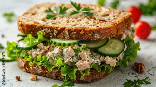 Tasty Tuna Salad Sandwich with Lettuce and Cucumbers on Multigrain Bread, Isolated on White Background
