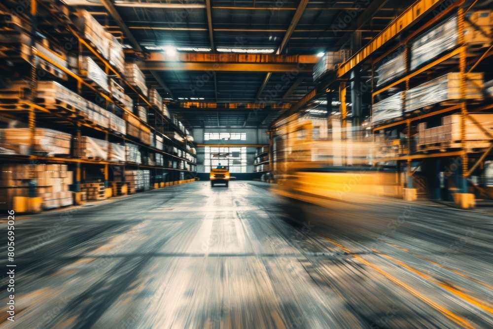 bustling warehouse interior with stacked boxes and busy forklift in motion industrial photography bustling warehouse interior with stacked boxes and busy forklift in motion industrial photography