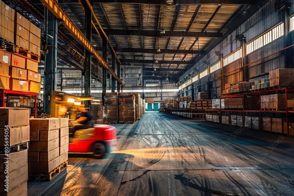 bustling warehouse interior with stacked boxes and busy forklift in motion industrial photography bustling warehouse interior with stacked boxes and busy forklift in motion industrial photography