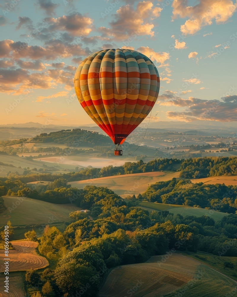 Hot air balloon floating over the beautiful countryside.
