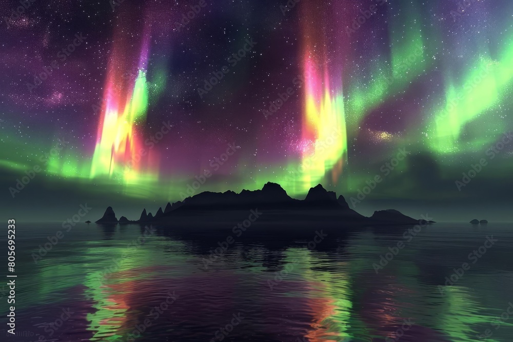 celestial spectacle vibrant aurora borealis dances above silhouetted islands aigenerated landscape