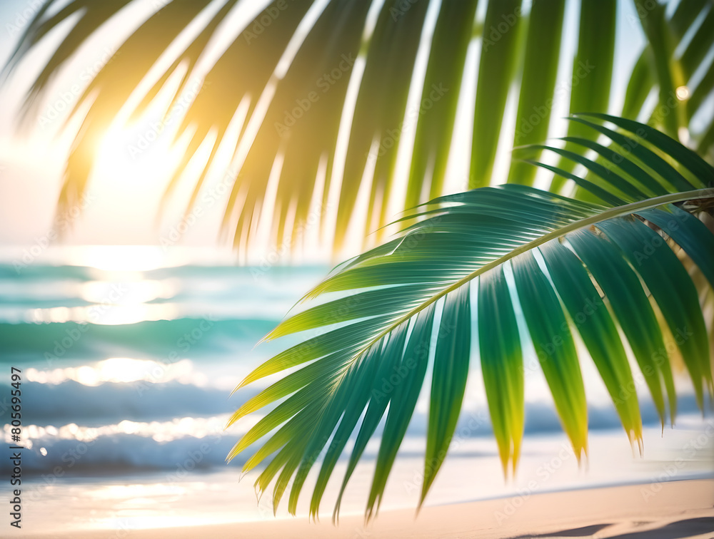 Ocean and palm tree leafs background , Sea coast banner with copy space, photo of summer beach with view, sand and waves, tropical travel and vacation concept